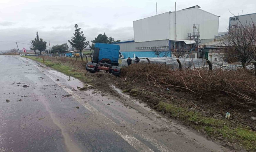 Yoldan çıkan tır kaza yaptı